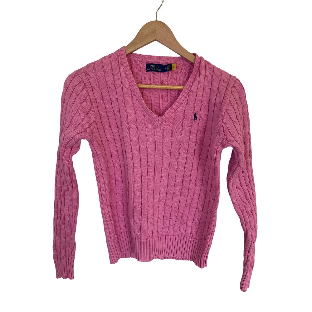 Polo Ralph Lauren Pink Cable Knit V-Neck Cotton Sweater Womens Medium Slim Fit